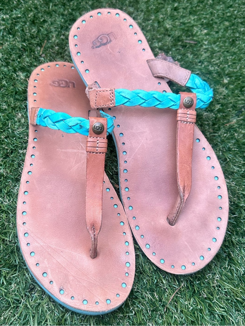 UGG Brown Leather Sandals with Turquoise Braided Strap - Picture 2 of 3